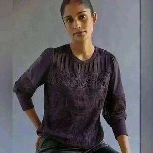 TINY by Anthropologie Top Embroidered Crochet Size Medium Plum Boho Shirt
